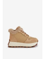Skórzane Sneakersy Trapery Damskie Z Futerkiem Na Platformie Big Star OO274A330 Beżowe