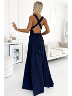 Tmavomodré elegantné dlhé dámske šaty s rôznymi spôsobmi viazania 509-1