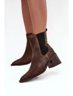 Skórzane Zamszowe Botki Damskie Na Słupku Ocieplane Artiker 57C0047 Brązowe