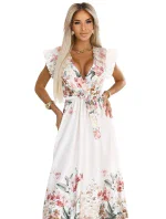 609-1 Saténové maxi šaty s kvetinovým ombre výstrihom - boho elegancia