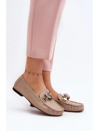 Skórzane Mokasyny Damskie Z Ozdobą Laura Messi 2761 Beżowe