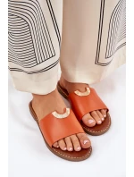 Klapki Damskie Eko Skórzane Z Ozdobnymi Detalami Pomarańczowe Mevith