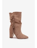 Dámské kotníkové boty na podpatku s třásněmi a stahováním vyhřívané béžové Darlina