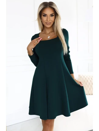 574-1 IVANA pohodlné trapézové šaty s výstrihom a dlhými rukávmi - BOTTLE GREEN