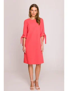 S393 Šaty áčkového strihu so zaväzovacími rukávmi - koralové