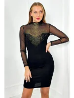 Pletené šaty s tylovými rukávmi a výstrihom čierny