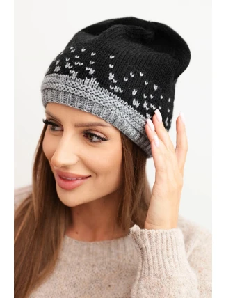 Dámska zimná vlnená čiapka s geometrickým vzorom K477 black + grey