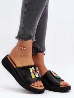 Skórzane Klapki Damskie Z Ozdobą Czarne Asames