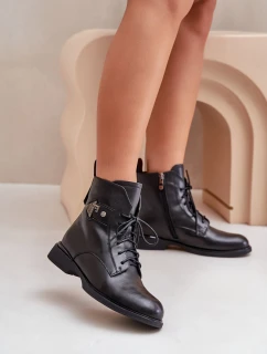 Skórzane Botki Na Płaskim Obcasie Z Ozdobą Ocieplane Maciejka N3115-01 Czarne