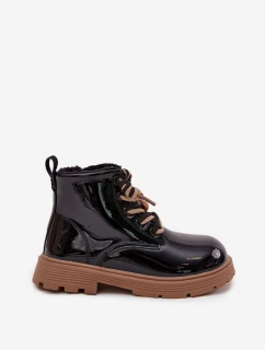 Ocieplane Botki Dziecięce Lakierowane Z Przypinką Miś Czarne Jovellea