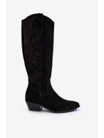 Zazoo 2909 Zamszowe Kozaki Ażurowe Na Niskim Obcasie Czarne