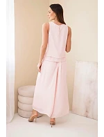 Dámsky viskózový set s tielkom bez rukávov a širokými nohavicami s ozdobným lemom púdrovo ružovej farby