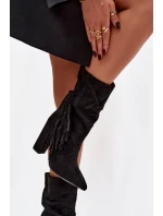 Darlina dámské boty na podpatku s třásněmi a mačkáním zateplené černé