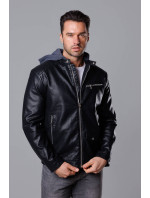 Čierna pánska bunda z ekokože s teplákovou kapucňou (11Z8022)