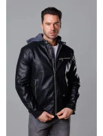 Čierna pánska bunda z ekokože s teplákovou kapucňou (11Z8022) Čierna pánska bunda z ekokože s teplákovou kapucňou (11Z8022)