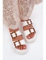 Eko Skórzane Klapki Damskie Na Platformie Z Klamrami Białe Xanivia