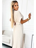 471-1 FELICIA Plisované midi šaty s výstrihom a širokým opaskom - BEACH 471-1 FELICIA Plisované midi šaty s výstrihom a širokým opaskom - BEACH