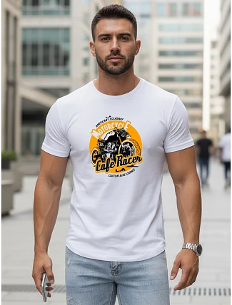 Pánske bavlnené tričko s motorkárskou potlačou biele FashionStreet NX5095R