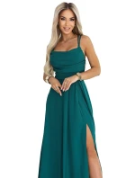 589-6 Maxi šaty bez ramienok s korzetovým zaväzovaním vzadu a rozparkom - fľaškovo zelené