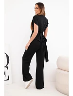 Dámsky mäkký pletený set s blúzkou s krátkym rukávom a širokými nohavicami čiernej farby