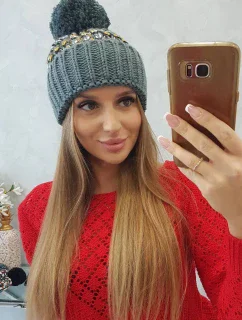 Dámska čiapka Ellen s brmbolcom K325 tmavo šedá + žltá