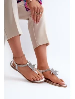 Płaskie Sandały Damskie Z Ozdobnym Kwiatkiem Srebrne Edoni Płaskie Sandały Damskie Z Ozdobnym Kwiatkiem Srebrne Edoni