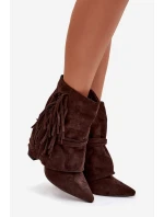 Dámské kotníkové boty na podpatku s třásněmi a zlatými přezkami čokoládové Evelisse