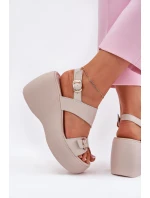 Skórzane Sandały Damskie Na Koturnie I Platformie S.Barski LR51-540 Beżowe Skórzane Sandały Damskie Na Koturnie I Platformie S.Barski LR51-540 Beżowe