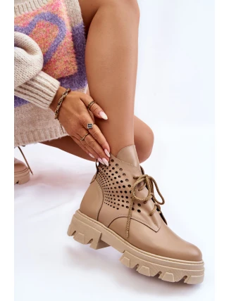 Skórzane Workery Z Ażurowym Wzorem Beżowe Abilene