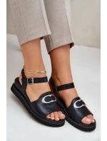 Lakierowane Sandały Damskie Na Koturnie Z Ozdobą Czarne Salianes