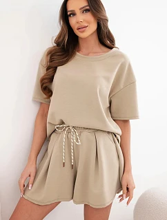 Dámsky viskózový set s maslovým efektom: top s krátkym rukávom a šortky s vysokým pásom camel