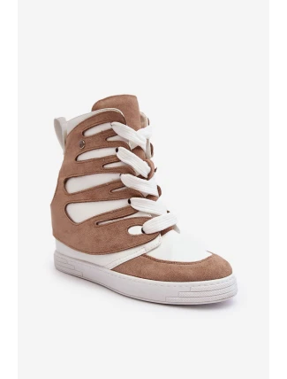 Skórzane Botki Na Koturnie Sznurowane Beżowe Amria