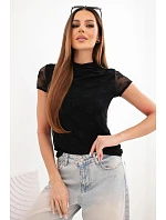 Dámska viskózna čipkovaná blúzka s krátkymi rukávmi a polo rolákom čierna