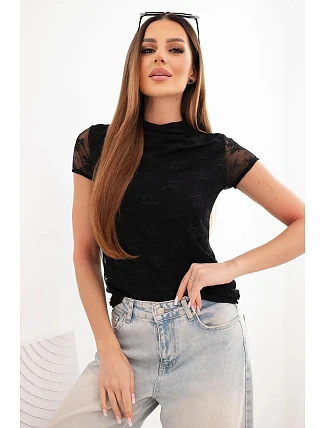 Dámska viskózna čipkovaná blúzka s krátkymi rukávmi a polo rolákom čierna