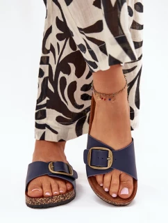 Klapki Damskie Na Korkowej Platformie Z Klamrą Granatowe Vianara