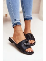 Klapki Damskie Na Płaskim Obcasie Z Ozdobnym Detalem KV51-007 Czarne