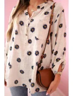 Dámska ľanová blúzka s kvetinovým vzorom, dlhými rukávmi a gombíkmi