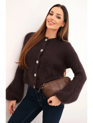 Dámsky mohérový sveter na gombíky s nadýchanými rukávmi hnedej farby Dámsky mohérový sveter na gombíky s nadýchanými rukávmi hnedej farby