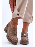 Skórzane Półbuty Damskie Na Słupku Ciemnobeżowe Lemar Dunadia