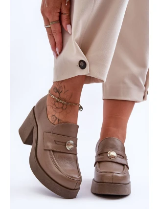 Skórzane Półbuty Damskie Na Słupku Ciemnobeżowe Lemar Dunadia