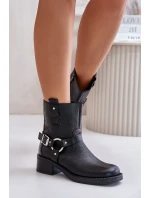 Zazoo 60480 Skórzane Botki Na Niskim Obcasie Ocieplane Czarne