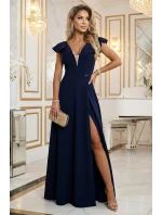 Dámske elegantné maxi šaty s volánmi 660-1 tmavo modré - Numoco