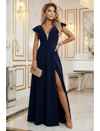 Dámske elegantné maxi šaty s volánmi 660-1 tmavo modré - Numoco