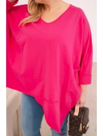 Dámska bavlnená blúzka v nadmernej veľkosti s asymetrickým lemom a výstrihom do V Fuchsia