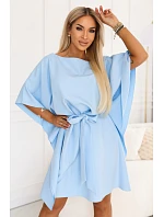 287-43 SOFIA Motýlie šaty so zaväzovaním v páse - svetlomodré