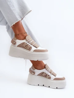 Zazoo 1833 Sneakersy Damskie Skórzane Na Masywnej Podeszwie Beżowo-Białe