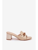 Klapki Damskie Na Obcasie Z Ozdobą Beżowe Ovittole