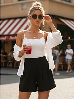 Dámske letné textilné šortky s kožou a ľanom čierne FashionStreet SY0548 Dámske letné textilné šortky s kožou a ľanom čierne FashionStreet SY0548
