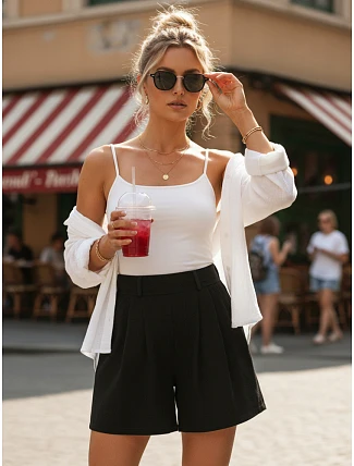 Dámske letné textilné šortky s kožou a ľanom čierne FashionStreet SY0548 Dámske letné textilné šortky s kožou a ľanom čierne FashionStreet SY0548