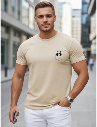 Pánske bavlnené tričko s malým potlačou, béžové, FashionStreet NX5131R Pánske bavlnené tričko s malým potlačou, béžové, FashionStreet NX5131R